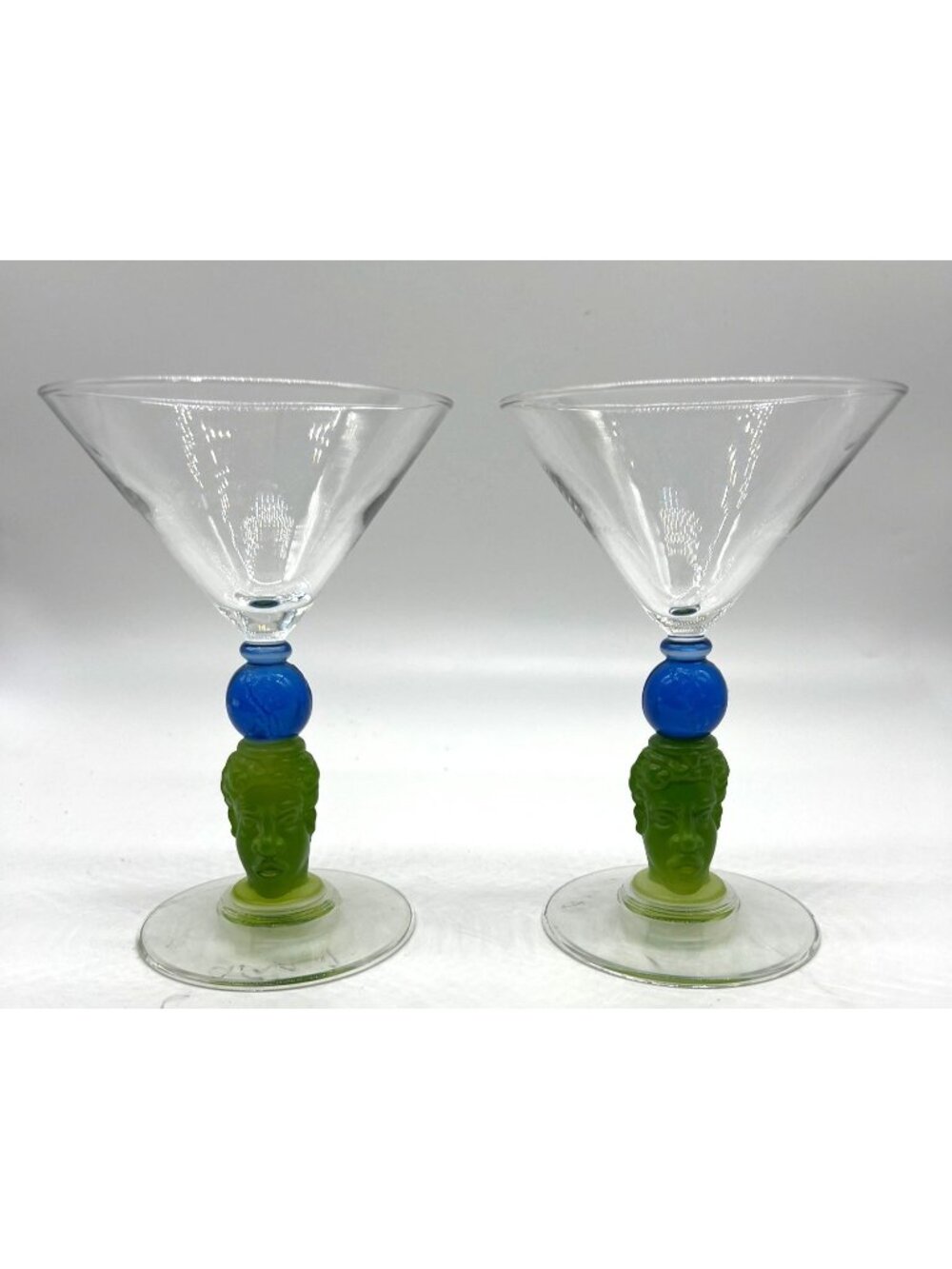 Vintage Richard Jolley Martini Glasses With Green & Blue Sculpted Stem Set Of 2